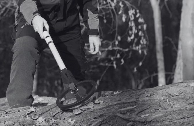 Operator using an Ebinger metal detector to inspect forestry for embedded metal.

