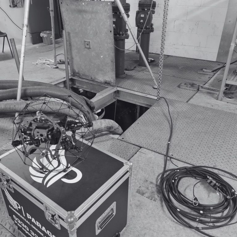 Flyability Elios 2 drone set-up ready to inspect a culvert which flooded beside the eurotunnel.
